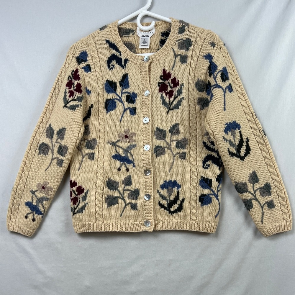 Talbots Cardigan Sweater Women Petite P Beige Floral Hand Knit 100% Wool Cable